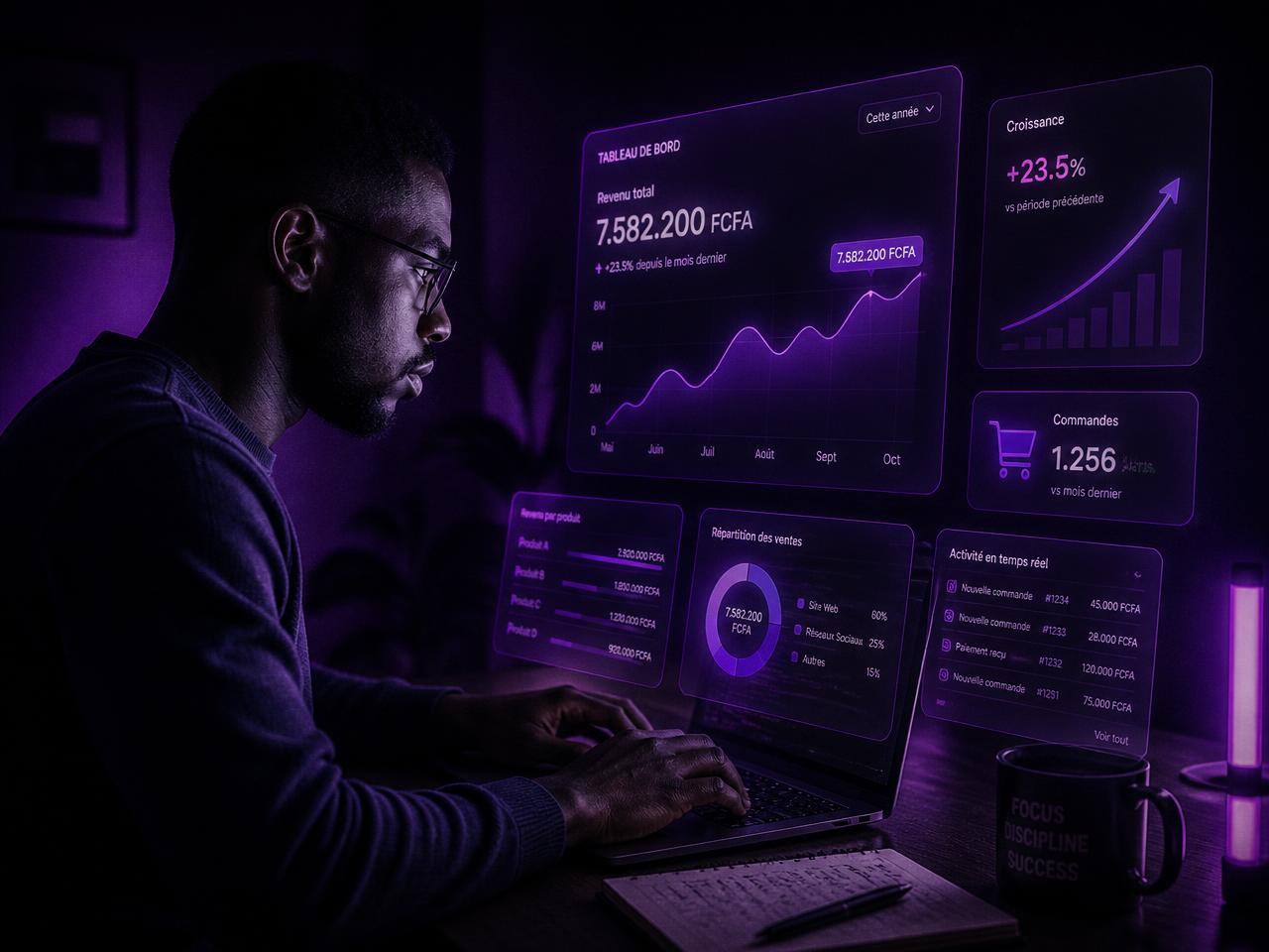 Tableau de bord e-commerce affichant plusieurs millions FCFA de chiffre d'affaires